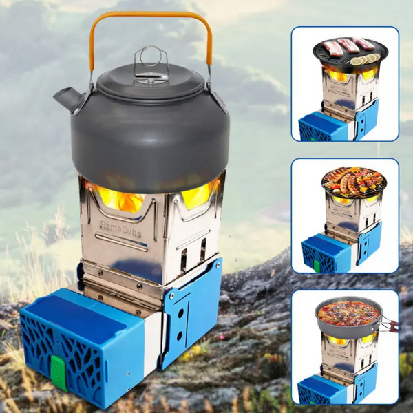 Ultra-Compact Wood-Burning Camping Stove – Foldable Survival Cooker with USB Charging & Emergency Powerbank